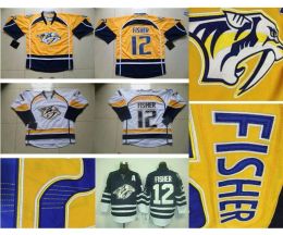 Factory Outlet Nouvelle arrivée # 12 Mike Fisher Jersey Nashville Predators Or Jaune Bleu Marine Authentique Hockey sur glace Maillots cousus 99