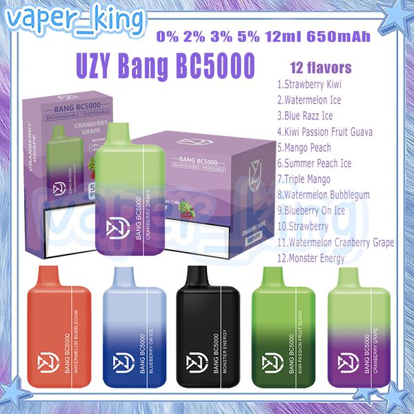 100% UZY Bang BC5000 Puffs Cigarrillo electrónico desechable Bobina de malla Cartuchos de 12 ml 650 mA Tubo recargable 5K 0% 2% 3% 5% 12 sabores Vape Pen