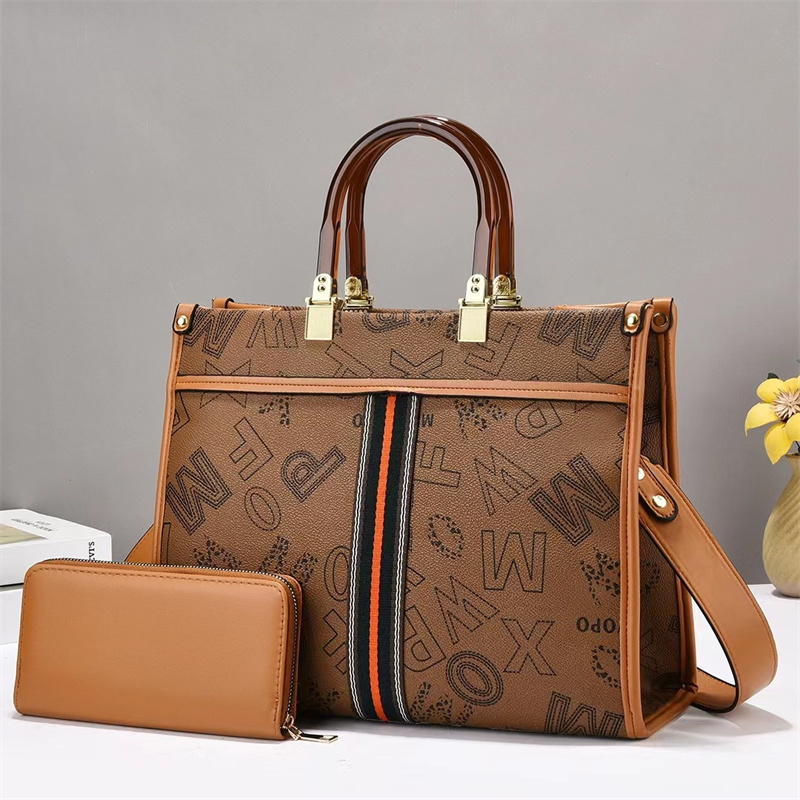 Factory outlet womens handbags large capacity padded printed leather tote bag horizontal two piece fashion letter handbag elegant striped shoulder bag 1116#