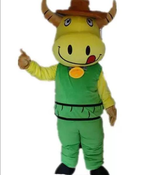 Magasins d'usine chauds, un costume de mascotte de bétail jaune, porte un costume vert avec une petite cloche