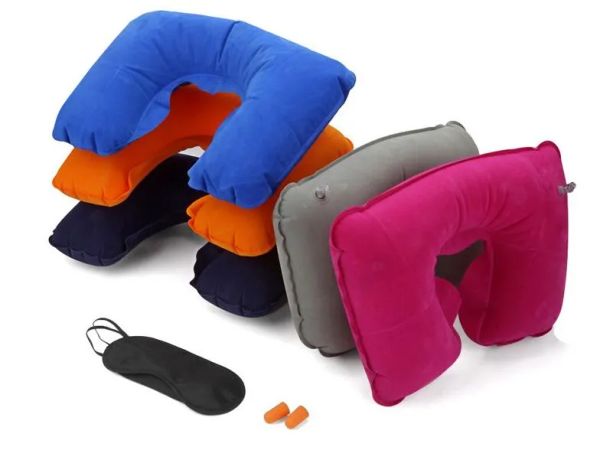 Precio de fábrica 3 en 1, juego de oficina de viaje, almohada inflable para el cuello en forma de U, cojín de aire + antifaz para dormir, visera + tapones para los oídos BJ