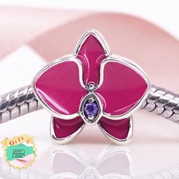 Orchidee Charme Authentieke 925 Sterling Silve Kraal Met Paars Emaille Fit Europese DIY Armband Ketting Sieraden 792074EN69