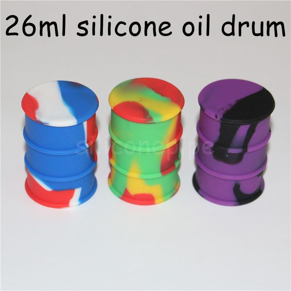 Prix usine Silicone Baril D'huile Conteneur Bocaux Dab Wax Vaporisateur Huile En Caoutchouc Tambour Forme Conteneur 26 ml Grand Pot De Silicium Bong Dabber Outil