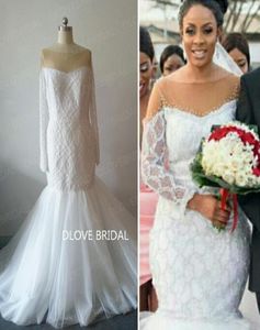 Factory Real Po Robe de mariée sirène à manches longues sur mesure avec perles de perle de luxe Robes nuptiales v Voir à travers le cou 4271522