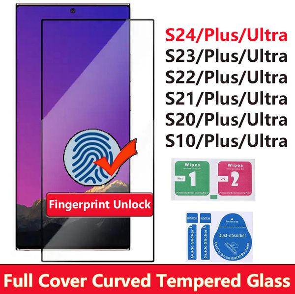 Protector de pantalla de vidrio templado de cubierta completa curvada para Samsung Galaxy S24 S23 S22 S21 Ultra S20 Note20 S10 Plus S8 S9 NOTA8 NOTA9 película de desbloqueo de huellas dactilares