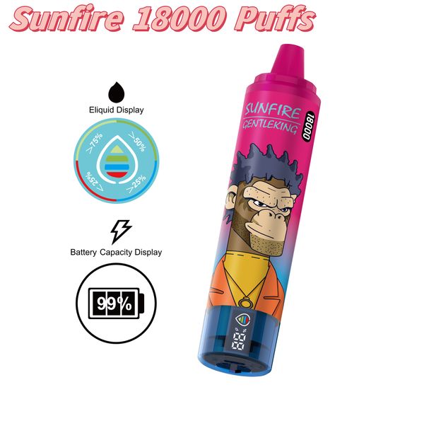 Factory Sunfire Digital Box 18000 Puffs 18k Vape Disposable 12k 15k 20k 850mAh Batterie Type-C Charge 25 ml Ejuice avec et écran d'affichage 10 saveurs 0% 2% 3% 5% E Cigarette