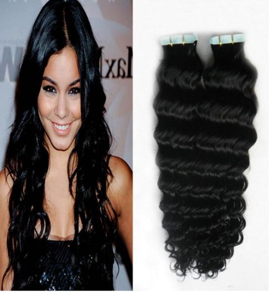 Fábrica Top Calidad 7A Indian Remy Human Hair Deep Wave 1624039039 PU Tape on Hair Extensions 1 Jet Black Brown Color 4 O4043685