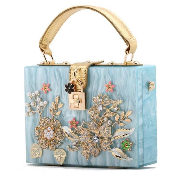 Usine entière femmes sac épaissir acrylique boîte dure clouté sac à main doux petit frais perle fleur chaîne sacs dames sculpté diam280V