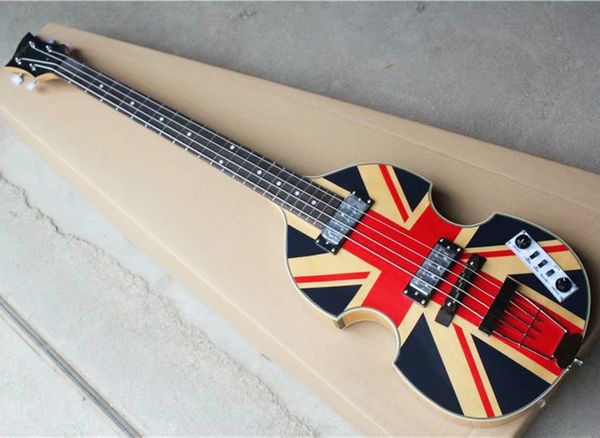 Basse électrique creuse BB 4 cordes avec motif de drapeau, touche en palissandre, Pickguard perlé blanc, vente en gros d'usine