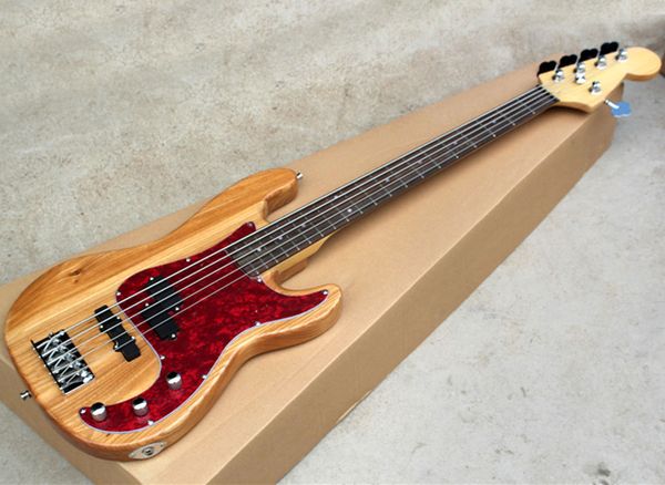 Usine en gros 5 cordes couleur bois naturel guitare basse électrique avec corps en bois de frêne, touche en palissandre, Pickguard perlé rouge