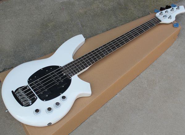 Basso elettrico per chitarra elettrica di musica bianca a 5 corde all'ingrosso in fabbrica con circuito attivo, battipenna bianco, tastiera in palissandro