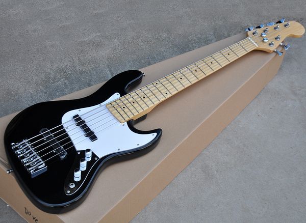 Usine en gros 6 cordes guitare basse électrique noire avec pickguard blanc, touche en érable avec incrustation de points, matériel chromé