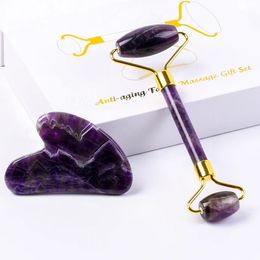 Jade Roller et Gua Sha Set Natural Stone Amethyst Facial Roule Guasha gratte Massage Corps Neck Beauty Skin Care Spa Tools