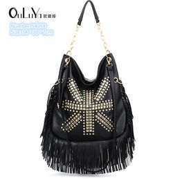 Factory Outlet Ladies Schoudertassen Street Persoonlijkheid Tassel Punk Messenger Bag Grote capaciteit Solid kleur Leer Knapzak Trend Handgemaakte klinknagel Handtas