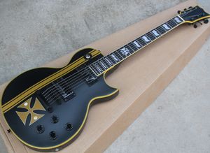 Guitare électrique noir mat en gros d'usine avec motif jaune, touche en palissandre, reliure jaune, offrant des services personnalisés
