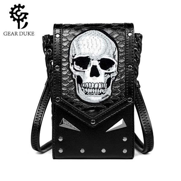 Factory Wholesale Men Sac à bandoulière quotidien Joker Black en cuir en relief Niche Popular Crocodile Mobile Phone Phone Personality Skull Punk Messenger Sac 088 #