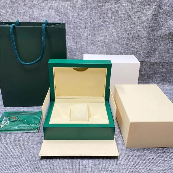 Venta al por mayor de fábrica Hombres Mujeres Caja de regalo personalizada Diseñador Caja de reloj para hombres Reloj verde oscuro Caja de madera con etiqueta de tarjeta de folleto Moda de lujo Relojes limpios 904L