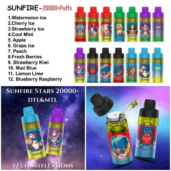 Factory Wrossale Prix Sunfire 20000 30000 Puffs 9k 10k Hookah 15000 Puffs MTL DTL Big Smoke With RGB LALD LED Affichage Disposable Vapes Pen Big 15k 20K 30K Puff