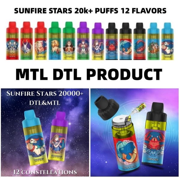 Factory Wrossale Prix Sunfire 20000 Puffs Disposable System Open Refipillable Core Séparent Vape Pen Hobelah Dispositif PUF 15K 20K 30K avec lampe de poche RGB MTL DTL VAPES