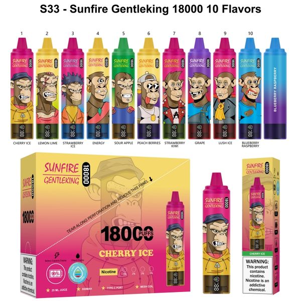 Factory Wrossale Prix Sunfire Gentleking 18000 Puffs 25 ml 20mg 50mg Disposable Vape Pen Pod Device avec écran d'affichage Tornado 15000 Puffs Cigarette électrique