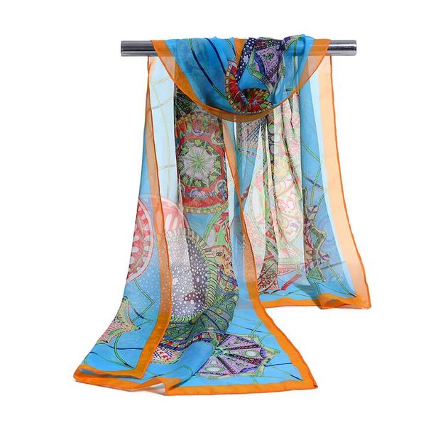 Usine En Gros Soie Mousseline De Soie Écharpe Femmes Longues Foulards 2017 Nouveau Designer Carriage Printe Sarong Wrap Plage Couverture 160 * 50 cm DHL Gratuit