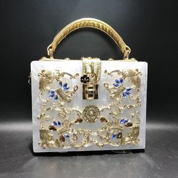 Usine en gros femmes sacs à bandoulière en cuir de luxe en métal sculpté sac de dîner en acrylique doux creux fleur sacs à main de mode élégant diamants sac à main 1802