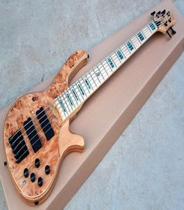 Guitare basse électrique 5 cordes couleur bois d'usine avec placage Treeburl, manche en érable, matériel noir, offrant un service personnalisé 2233376