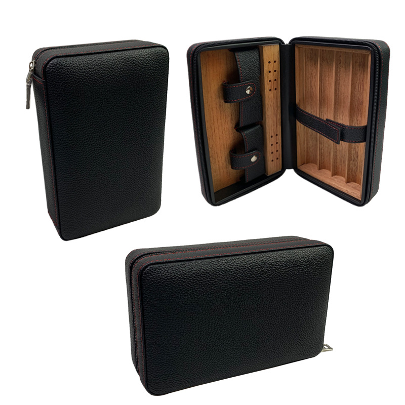 Factory Wood Genuine Leather Customized Cigars Bag Humidors Travel Cigar Case