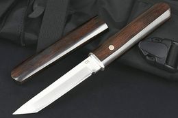 Factoty Price M6681 Couteau droit de survie D2 Tanto Point Lame satinée en ébène avec manche en acier Couteaux tactiques à lame fixe avec gaine en bois