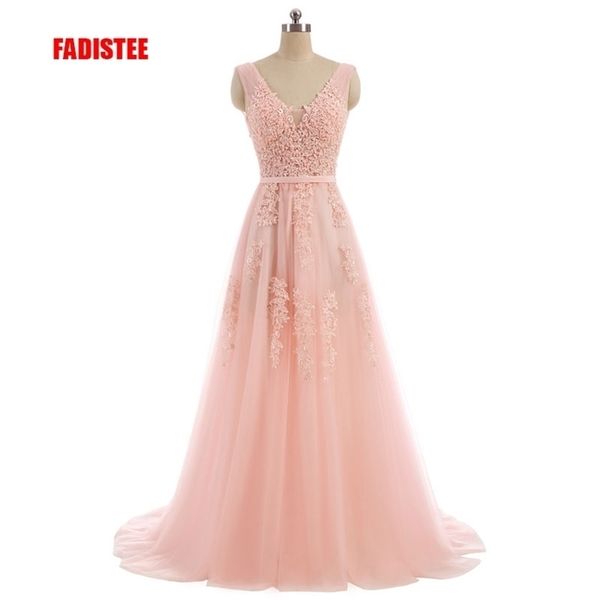 FADISTEE Robe De Festa Rose Douce Dentelle Vcou Longue Robe De Soirée Mariée Fête Sexy Dos Nu Perles Perles Robes De Bal laceup 220705