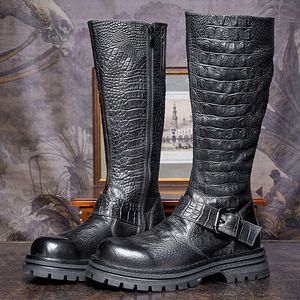 Mode genou haute hommes bottes rétro motif Crocodile en cuir véritable fait à la main confortable élégant 2024 homme chaussures de fête