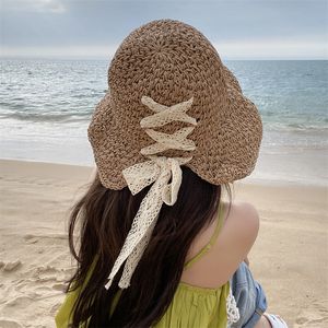Mode zomerstroom emmer hoed Boheemse brede riem vrouwen strandhoed geweven zon hoed met kant
