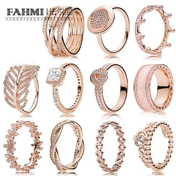 FAHMI 100% Plata de Ley 925 11 encanto oro rosa corona mágica Margarita anillo pluma hojas en forma de corazón geométrico redondo signo anillo Ch179b