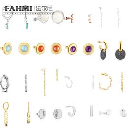 Fahmi Moda clásica de alta gama de lujo ligero pastel redondo rojo púrpura diamante lleno letra de luna pequeños pendientes de oso de frijol de plata Aniversario, Compromiso, Regalo, Fiesta, Boda