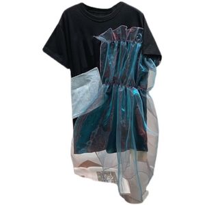 Fahsion Mesh Spliced ​​Ontworpen Vrouw Tshirts Zomer Casual Korte Mouw Tee Dames Eenvoudige O-hals Effen Dames Tops 210514