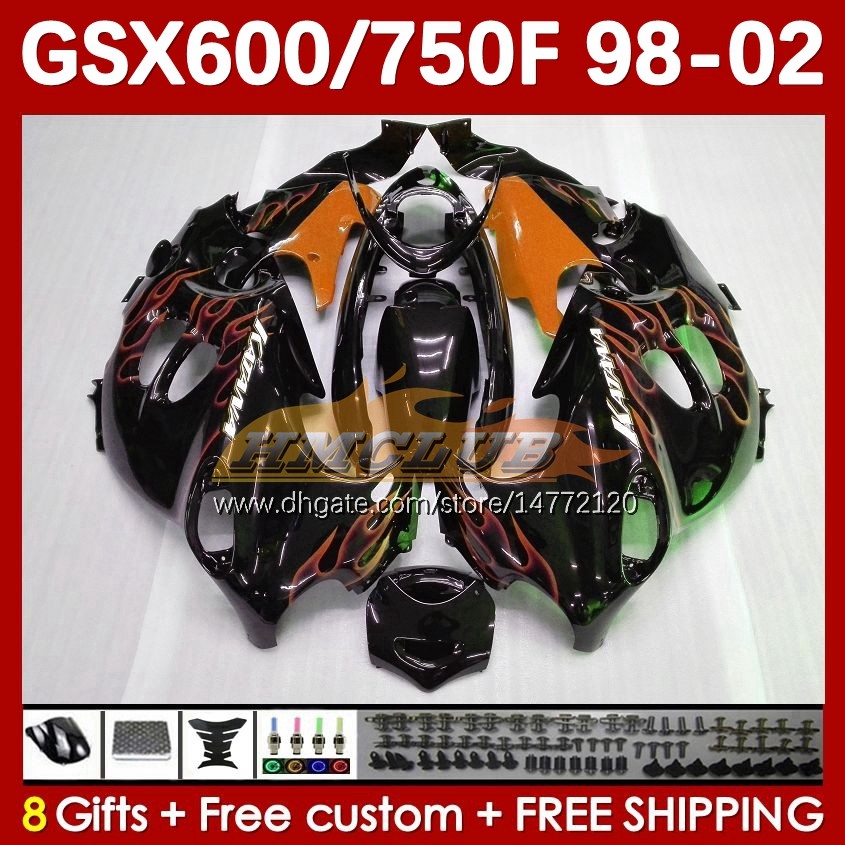 Fairing för Suzuki Flames Orange Katana GSXF 600 750 CC 600cc GSXF600 GSXF-750 169NO.115 GSX750F GSX600F 750CC 1998 1999 2000 2001 2002 GSXF750 GSXF-600 98 99 00 01 02 Kropp