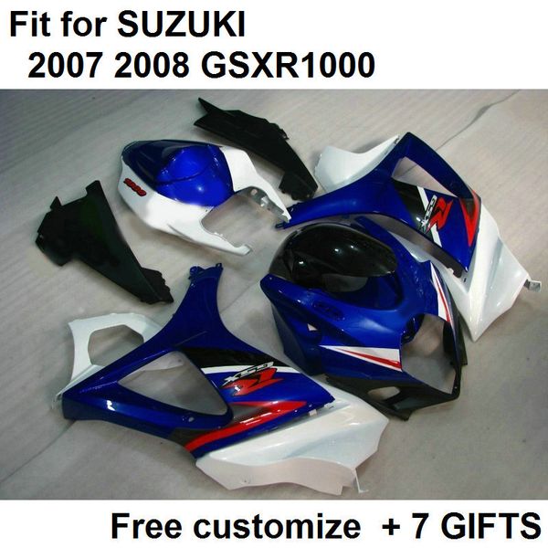 Kit de carenado de envío gratis para 07 08 GSXR 1000 SUZUKI GSXR1000 2007 GSX-R1000 2008 carenados de carrocería Corona azul blanco K7 GH63 + cubierta de asiento