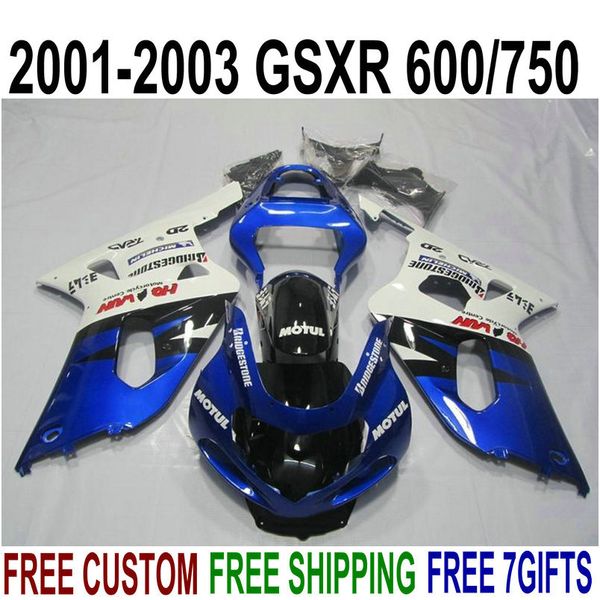 Livraison gratuite kit de carénage pour SUZUKI GSXR600 GSXR750 2001-2003 K1 GSX-R 600/750 01 02 03 ensemble de carénages en plastique bleu blanc noir XN1