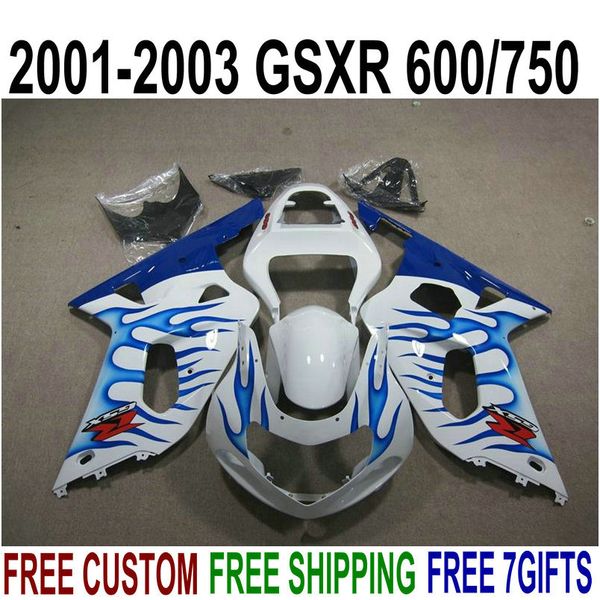 Envío gratis kit de carenado para SUZUKI GSXR600 GSXR750 2001-2003 K1 GSX-R 600/750 01 02 03 llamas azules juego de carenados de plástico blanco XN10