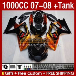 Koningentank voor Suzuki GSXR1000 GSXR 1000 CC K7 GSX-R1000 2007-2008 BODYS 158NO.0 1000cc GSXR-1000 07 08 Bodywerk GSX R1000 2007 2008 Volledige kuizingskit Oranje zwart