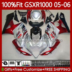 Corps MOTO OEM pour SUZUKI GSXR 1000 CC K5 GSX-R1000 2005 2006 Carrosserie 122No.76 GSXR-1000 GSXR1000 1000CC 05 06 GSX R1000 05-06 Kit de carénages de moulage par injection rouge argenté blk