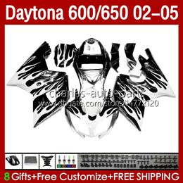 Kit de carénages pour Daytona 650 600 CC 02 03 04 05 Carrosserie 132No.72 Flammes blanches Capot Daytona 600 Daytona650 2002 2003 2004 2005 Daytona600 02-05 Corps de moto ABS