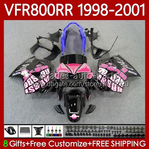 Kit de carénage pour Honda Interceptor VFR800RR VFR 800RR 800 cc RR Rose Noir VFR800 98 99 00 01 Corps 128NO.51 800CC VFR-800 RR 1998 1999 2000 2001 VFR800R 98-01 Bodywork