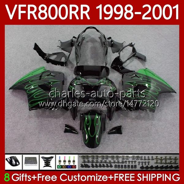 Kit de carenados para HONDA Interceptor VFR800RR VFR 800RR 800 CC RR VFR800 98 99 00 01 Cuerpo 128No.69 Llamas verdes 800CC VFR-800 RR 1998 1999 2000 2001 VFR800R 98-01 Carrocería