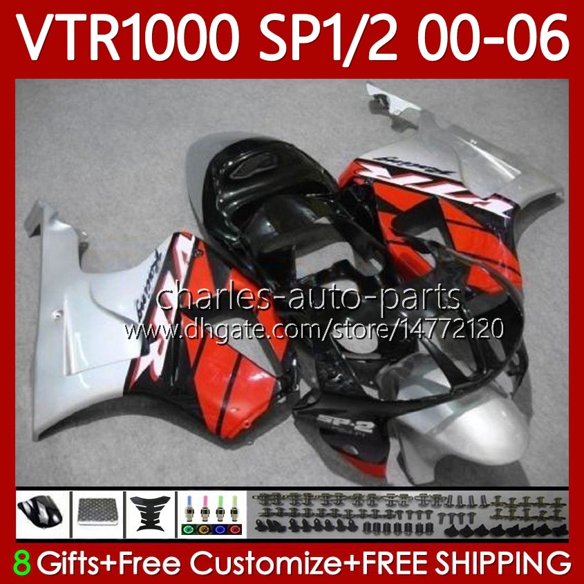 Fairings Kit For HONDA VTR1000 RC51 2000 2001 2002 2003 2004 2005 2006 Body 123No.109 RTV1000 VTR 1000 SP1 SP2 2000-2006 VTR-1000 00 01 02 03 04 05 06 Bodywork Red blk silver