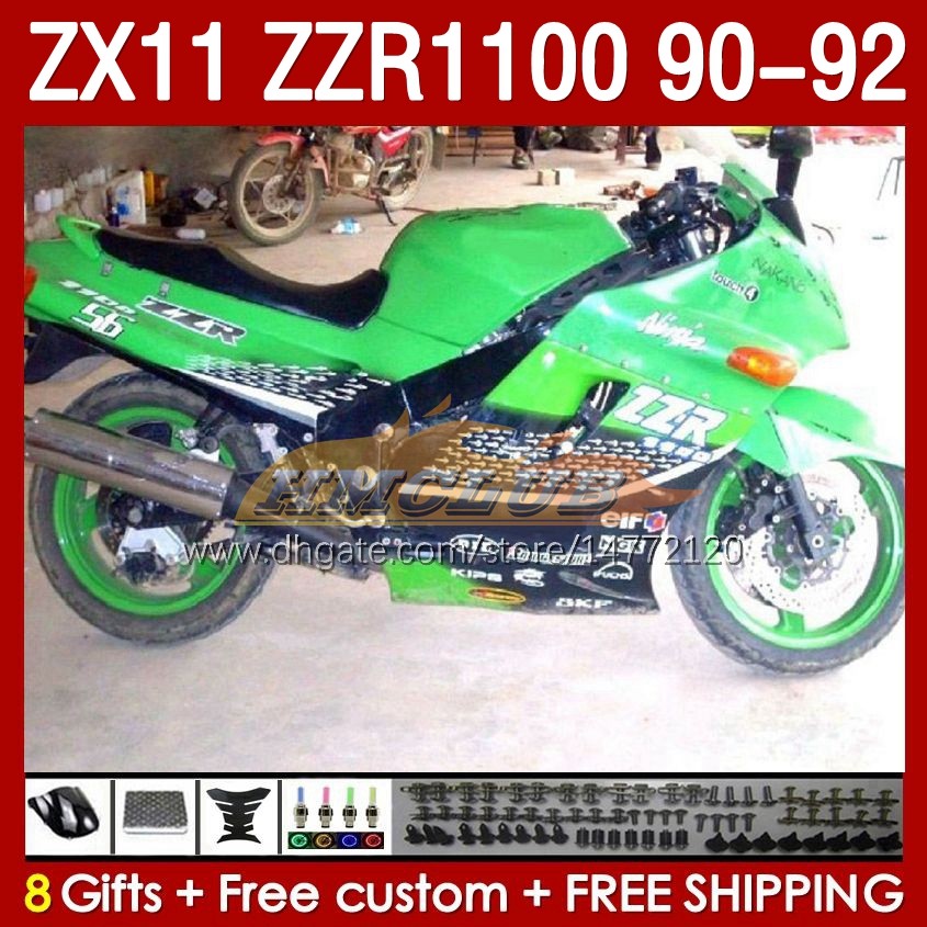 Verkleidungen Kit f￼r Kawasaki Ninja ZX 11 R 11r ZX-11 R ZZR1100 ZZR 1100 CC BODE 164NO.35 ZX11 R 90-92 ZX-11R ZZR-1100 ZX11R 90 91 92 1990 1991 1992 ABS Full Fairing Green Stock Green Stock