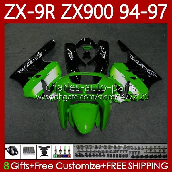 Kit de carenados para KAWASAKI NINJA ZX-9R ZX 9R 9 R 900 CC ZX9 R ZX9R 94 95 96 97 Carrocería 100No.77 ZX900 900CC ZX-900 Blanco verde negro 1994 1995 1996 1997 ZX900C 94-97 OEM MOTO Body