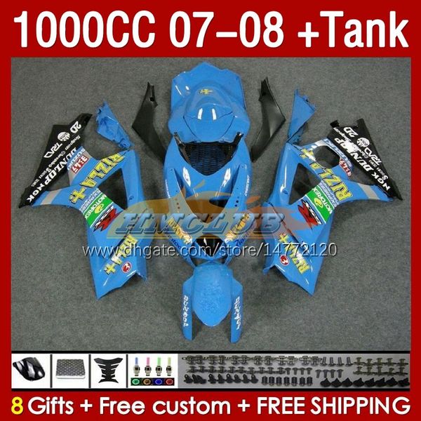 Tanque de carenados para SUZUKI GSXR 1000 CC K7 GSXR-1000 GSXR1000 07 08 Bodys 158No.30 1000CC GSX R1000 2007 2008 Carrocería GSX-R1000 2007-2008 Kit de carenado completo de fábrica azul