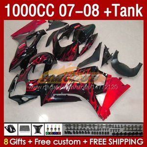 Tanque de carenados para SUZUKI GSXR1000 GSXR 1000 CC K7 GSX-R1000 2007-2008 Bodys 158No.2 1000CC GSXR-1000 07 08 Carrocería GSX R1000 2007 2008 Kit de carenado completo llamas rojas