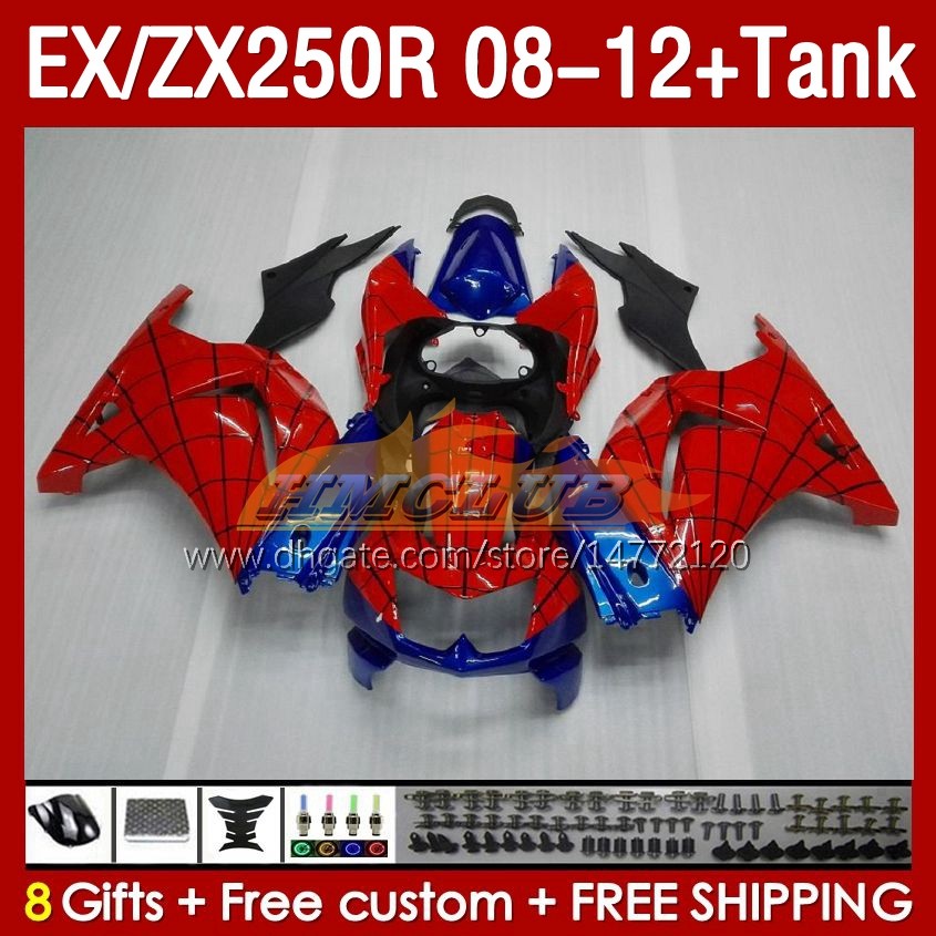 FAIRINGS TANK OEM för Kawasaki Ninja ZX250R EX250R 08 09 10 11 12 ZX250 EX250 R 163NO.61 ZX-250R 2008 2009 2012 2012 EX ZX 250R 08-12 Injektion Fairing Factory Red